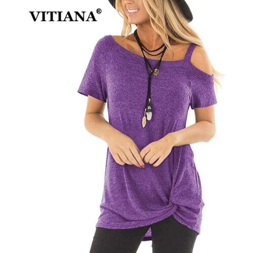 VITIANA Women Casual T-Shirt Tops Female 2019 Summer Short Sleeve Black Twisted fashion Tee Shirts Ladies Off Shoulder tshirt