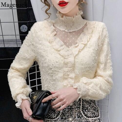 New Mesh Stitching Lace Bottoming Shirt Autumn and Winter Pleated Ruffle Elegant Blouse Women Flare Sleeve Vintage Shirt 16815
