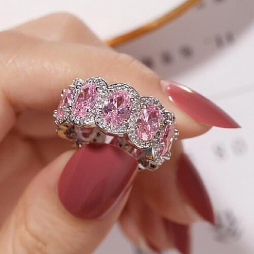 BRAND 925 SILVER PAVE Cushion cut pink stone BAND Ring for Women ETERNITY ENGAGEMENT WEDDING Rings finger Simulated Diamond