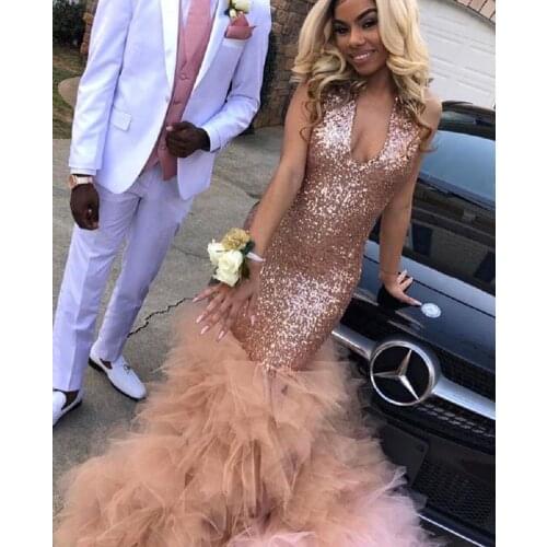 Vestido de gala Sexy Black Women Mermaid Pink Prom Dresses Sequined African Ruffled Train Long Formal Evening Party Gowns платье