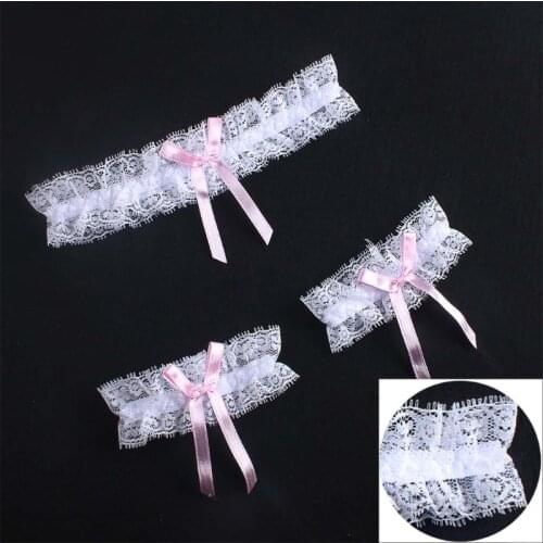 Women Wedding Bridal Eyelash Floral Lace Leg Ring Wrist Band Contrast Color Ribbon Bowknot Thin Elastic Thigh Garter Belt 3Pcs