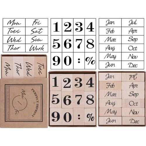 32 Pieces Number Stamp, Wooden Rubber Stamp Set, Week Months Number Stamps Vintage Stamps for Card Making DIY Craft Scrapbooking