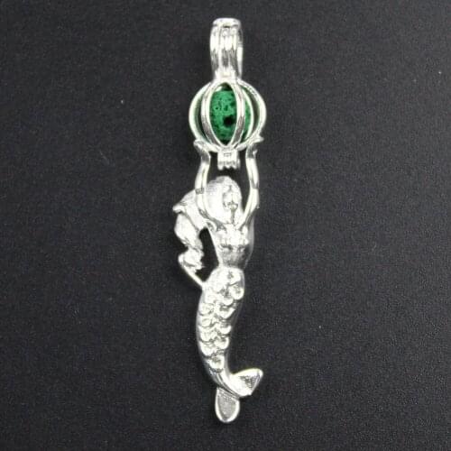 53*10mm Mermaid Essential Oil Diffuser Pendant,Aromatherapy Pearl Cage Locket Necklace Volcanic Setting Lava Stone Jewelry