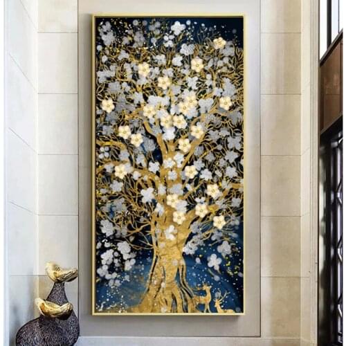 Abstract Golden Trees White Flowers Rich Canvas Painting Posters and Prints Wall Art Pictures for Living Room Home Decor Cuadros