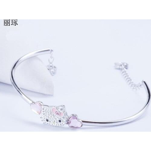 Austrian rhinestone Kitty cat pink peach love heart crystal bracelet stainless steel titanium anti-bleaching imitation allergy