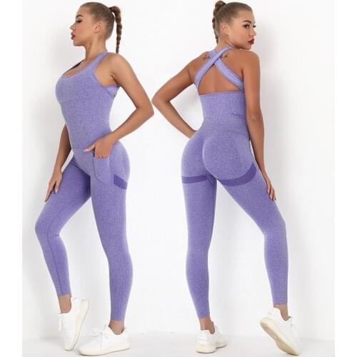 One Piece Rompers Yoga Set Women Gym Clothes Fitness Workout Set Seamless Pocket Leggings Sleeveless Sportswear Sports Suits