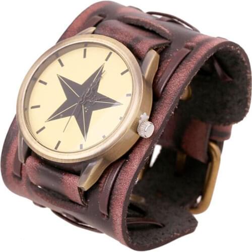 Hot Retro Wide Cow Leather Bracelet Watch Vintage Men Wrist Watches Casual Big Star Quartz Watch Clock Relogio reloj DropShip