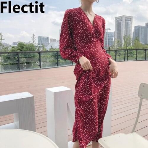 Flectit Vintage Burgundy V-Neck Printed Long Dress Long Sleeve High Waisted Maxi Dress Parisian Style Women Date Night Dress