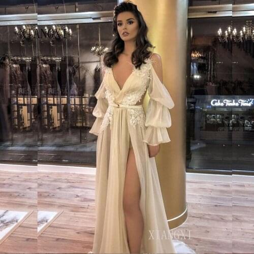 Muslim Beige Long Evening Dresses 2020 Chiffon A-Line Lace Appliques Off The Shoulder Evening Dress Formal Party Gowns