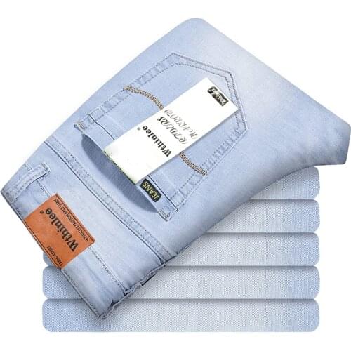 Italian Style Fashion Men Jeans sky Blue White Wash Straight Jeans Men Business Pants Slim Fit Elastic Classical Jeans