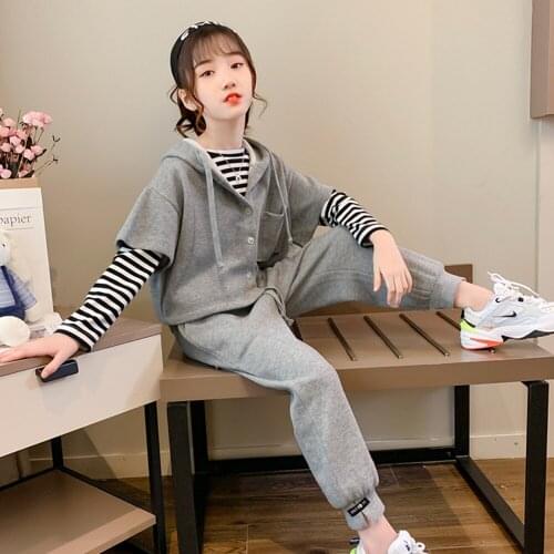 2021 New Casual Hoodie Suit for Children Spring/Autumn Leisure Clothing 3pcs Sets Short Sleeve Coat+Striped Pullover+Trousers