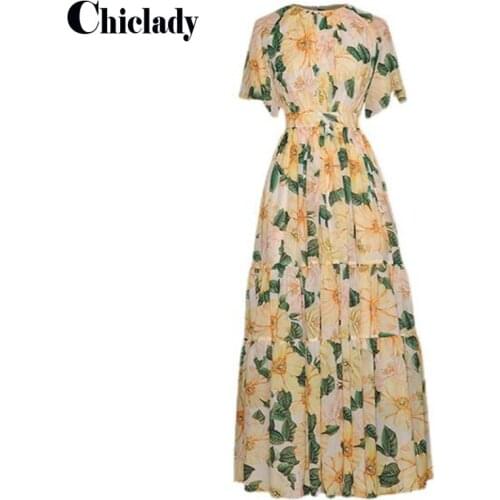 CHICLADY runway designer style maxi yellow printed ruffles rsashes O-neck dresses party birthday clothing INS fashion robe boho