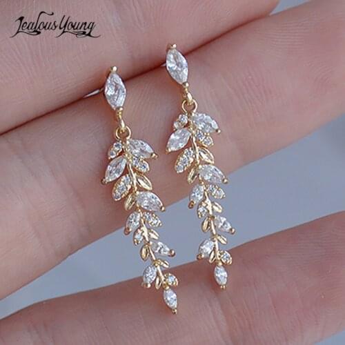 Fashion Gold Color Leaves Earrings for Women Exquisite Zirconia Dangle Drop Earring Elegant Korean Crystal Wedding Jewelry