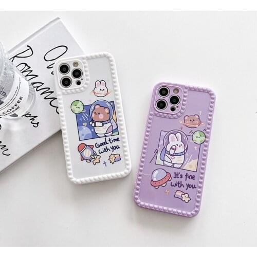3D Heart Spaceship Astronaut Soft Case For iPhone 12 11 Pro Max 12Mini X XS Max XR 8 7 6 Plus SE 2020 Cartoon Square Phone Cover