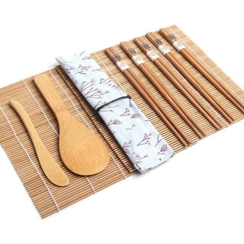 10pcs/set DIY Bamboo Sushi Maker Set Sushi curtain Rice Sushi Making Kits Roll Cooking Cloth Bag Tools Chopsticks Spoon Blade