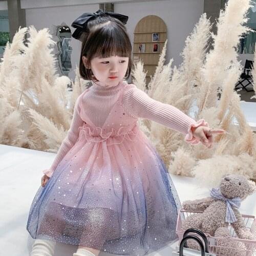 Autumn Winter Girls Sweater Sequin Princess Mesh Dress Long Sleeve Kids Knitted Clothes DT231