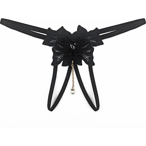 Sex Lace Sexy Lingerie Open Thong Ladies Hollow Out Embroidery Transparent Underwear Pearl Pendant Sexy T-back