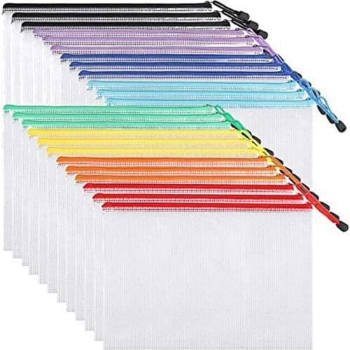 24Pcs Mesh Zipper Pouch Document Bag, Plastic Zip File Folders, Letter Size/A4 Size, for Office Supplies