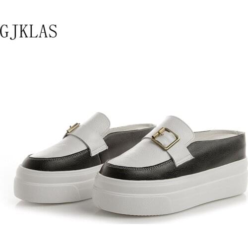 Genuine Leather Slides Women Wedges Platform Shoes Slipper Summer Casual Shoes for Women Fashion Half Slippers White High Heels