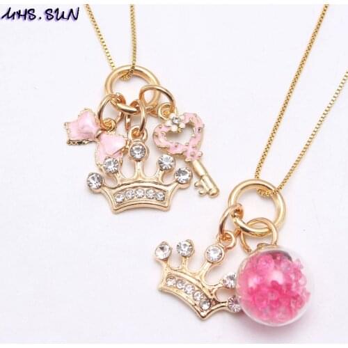 MHS.SUN Kids Girls Cute Crown Key Bow Charming Pendants Necklace Fashion Baby Long Chain Necklace Jewelry For Gift Party 1Pcs