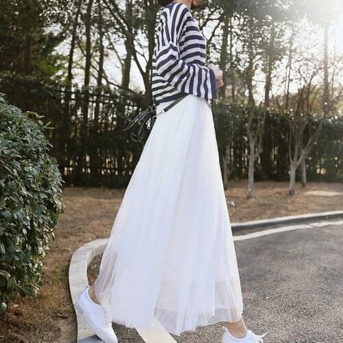 Tulle Skirts Womens Midi Pleated Skirt Black Pink Tulle Skirt Women 2019 Spring Summer Korean Elastic High Waist Mesh Tutu Skirt