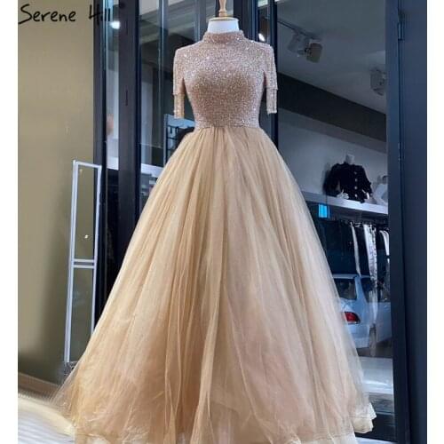 Nude Crystall A-Line High Neck Tulle Evening Dresses 2020 Beading Tassel Formal Dress Prom Dresses Design Serene Hill BLA70490