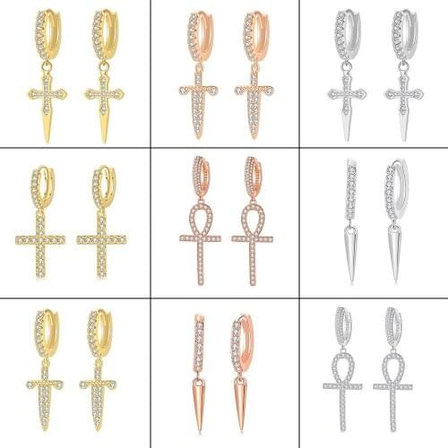 Punk Hip Hop Cross Dangle Hoop Earrings For Women & Men Iced Out CZ Zircon Exquisite Jewelry Free Shipping Wholesale