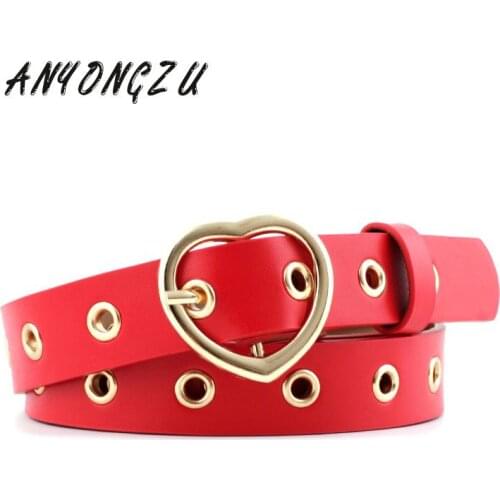 Women Belt 2020 New Peach Heart Buckle Fashionable All around Needle Belt Love Hollow Decoration Eyelet Red Yellow Black Coffee