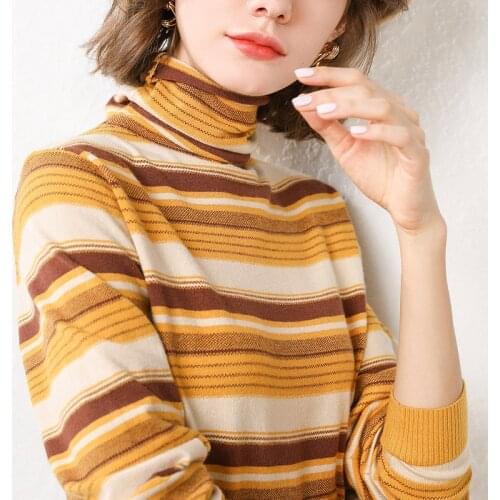2020 New Autumn Winter Knitted Wool Sweater Turtleneck Gradient Color Striped Slim Women Wool Sweaters Plus Size Female Sweater