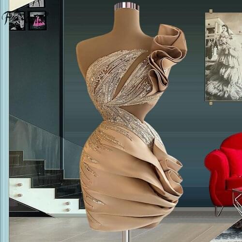 Champagne Sexy Cocktail Dresses One Shoulder Sleeveless Sequined Ruffles Mini Mermaid Women Prom Gowns Robes De Cocktail