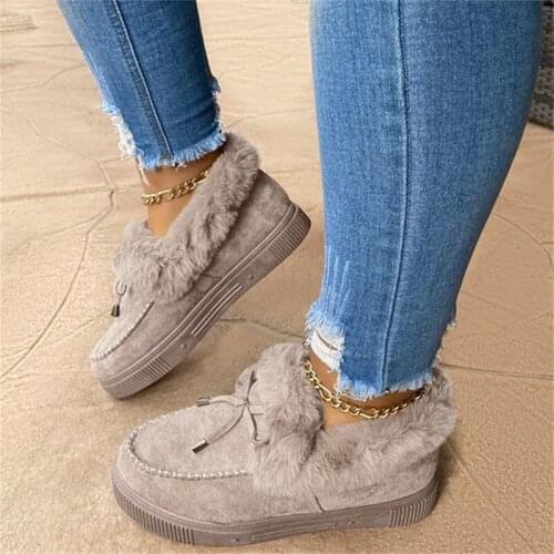 2020 Winter Boots Women Cute Bowknot Fur Slip-on Cotton Shoes Winter Warm Plush Loafers Female Short Snow Boots Furry Flat Shoes