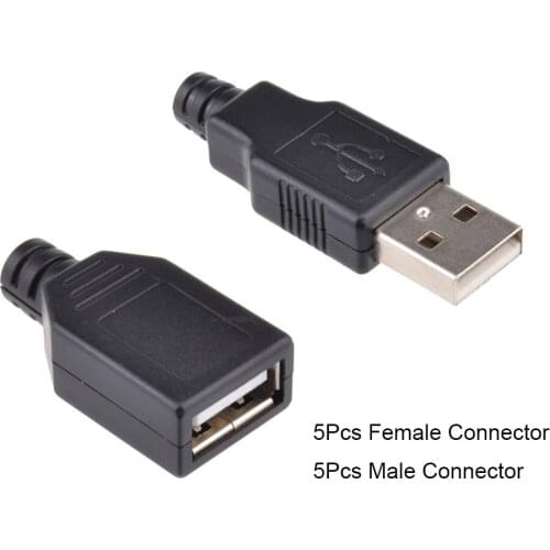 10Pcs/Lot USB 2.0 Type A Male Female Adapter Connector USB 4 Pin Plug Socket Connector With Black Plastic Cover