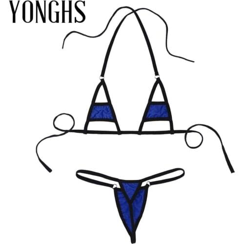 2Pcs Womens Bikini Lingerie Set for Sex Halter Neck Hot Sexy Micro Mini Bikini Bra Top with G-String Thongs Mini Briefs Bottoms