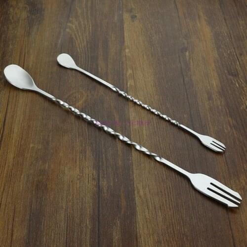 200pcs Long Handle Stainless Steel Threaded Coffee Milk Tea Mixing Double Head With Fork Spoon Cake Dessert Honey Fork
