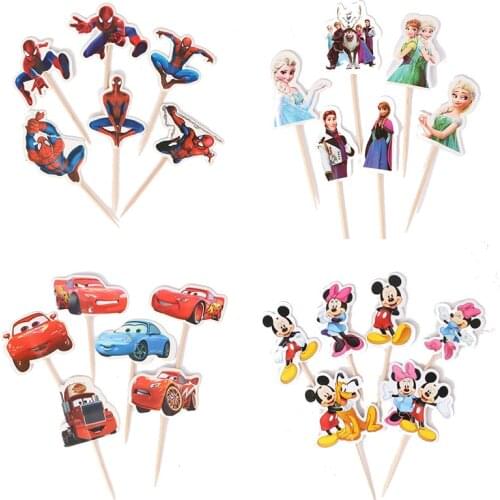 24pcs/set Disney Spiderman Frozen Cars Mickey Minnie Cake Decoration Plug-in Cartoon Anime Figure Card Kids Birthday Accessories