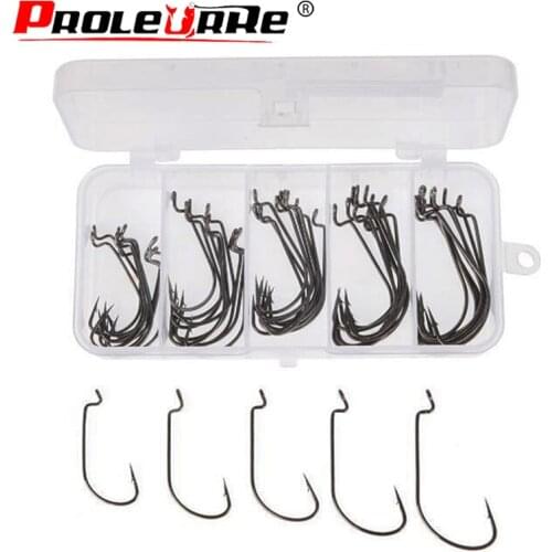 50pcs/box Wide Gap Worm Fishing Hooks Jig Crank Big Bass Hook Black High Carbon Steel Crank Barbed Hook for Soft Fishing Lure