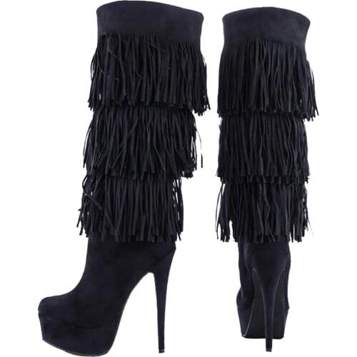 ASHIOFU Classic Handmade Women High Heel Boots Fringed&Tassels Sexy Platform Knee Boots Club Evening Party Fashion Winter Boots