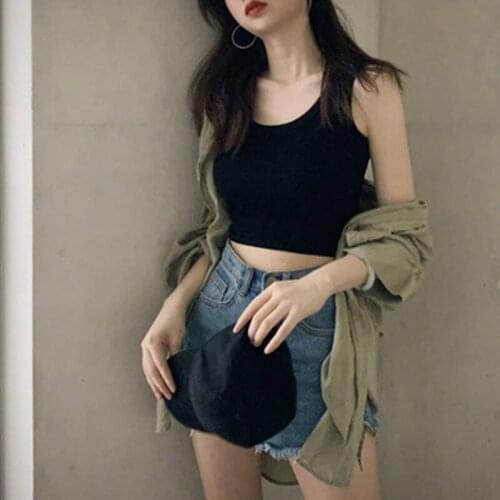 White Knitted Round Neck Women T-shirt Sexy Sleeveless Camisole Crop Top Woman Tight Stretch Tank Top Ladies Tee Top Streetwear