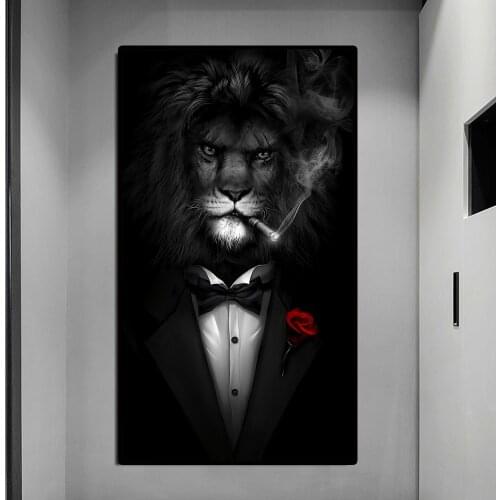 Black Wild Lion In A Suit Smoking A Cigar Cavans Painting Posters and Prints Wall Art Picture for Living Room Home Decor Cuadros