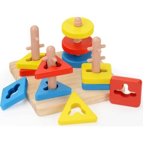 Kids Wooden Toys Montessori Educational Toys Tower Game Model Building 4 Pillar Matching Color Shape Wooden 3D Puzzle Toys