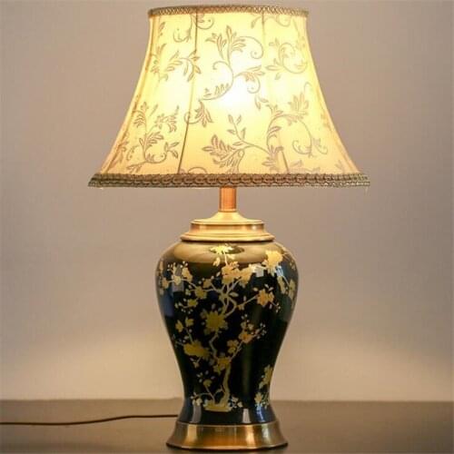 European Luxurious Gold Plums Ceramic Table Lamp Large Porcelain Fabric Foyer Study Bedside Desk Decor Light H 65cm
