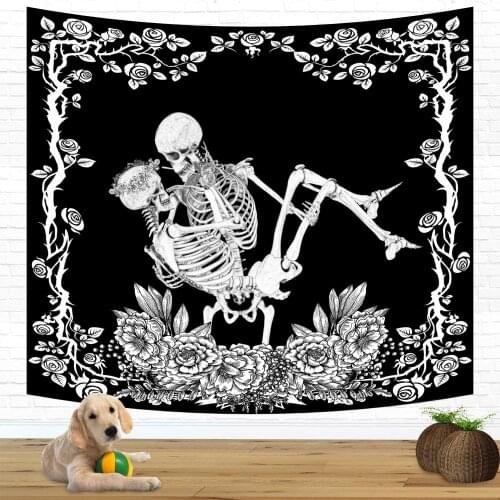 Skull Tapestry Kissing Lovers Tapestry Skeleton Tapestry Romantic Black and White Tapestry For Haunted House Halloween Decor