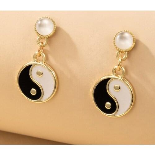 HuangTang Funny Bagua Dangle Earrings for Women Vintage Black White Enamel YinYang Drop Earrings Creative Jewelry Party 18377