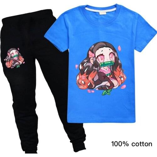 Kawaii Kimetsu No Yaiba T Shirt+Pants 2PCS Kids Baby Boy Clothes Japanese Anime Cartoon Demon Slayer Children Halloween Clothing