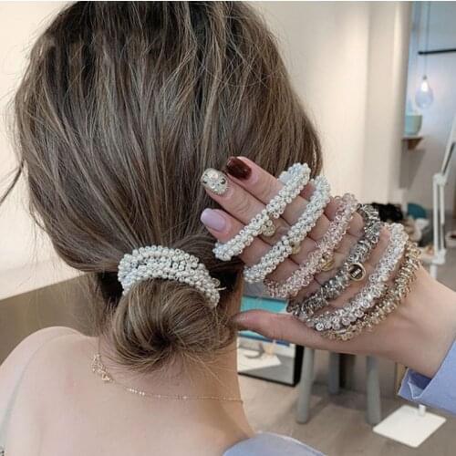 Korean Shiny Rhinestone Pearl Hair Ties For Women Dual Purpose Elastic Rubber Band Simple Hair Bands Fashion Hair Accessories