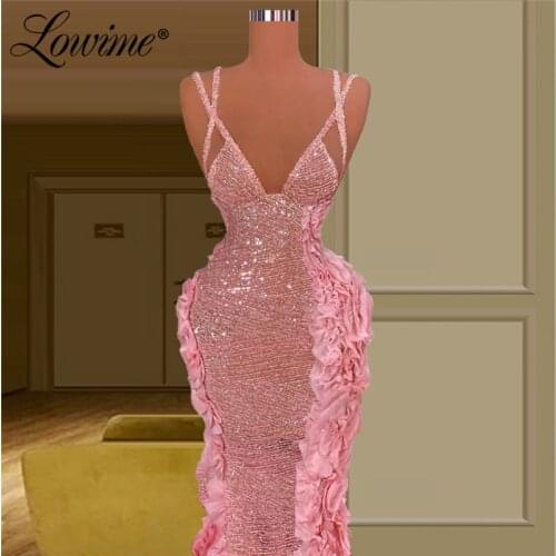 Lowime Customized Pink Party Dress For Weddings Mermaid Celebrity Dresses Vestido De Festa Plus Size V Neck Arabic Evening Gown