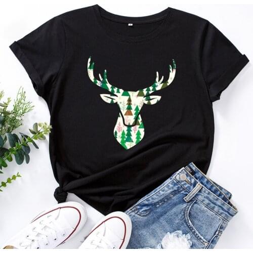 Fashion Christmas Women T-shirt 100% Cotton Elk Print T Shirt Female O-neck Short Sleeve Harajuku Shirt Ladies Top Feminina