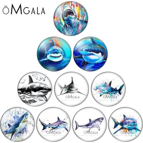 Fashion Watercolor Painting Shark Patterns 10pcs 12mm/18mm/20mm/25mm Round photo glass cabochon demo flat back Making findings