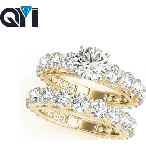 QYI Solitaire Engagement Ring Sets 14K Solid Yellow Gold Jewelry 0.75 ct Round Cut Sona Simulated Diamond Women Wedding Ring