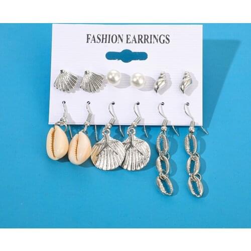 Tocona 12Pcs/6Pair Silver Color Shell Pearl Dangling Earrings Set Fashion Korean Earrings Jewelry for Women bijouterie 8585